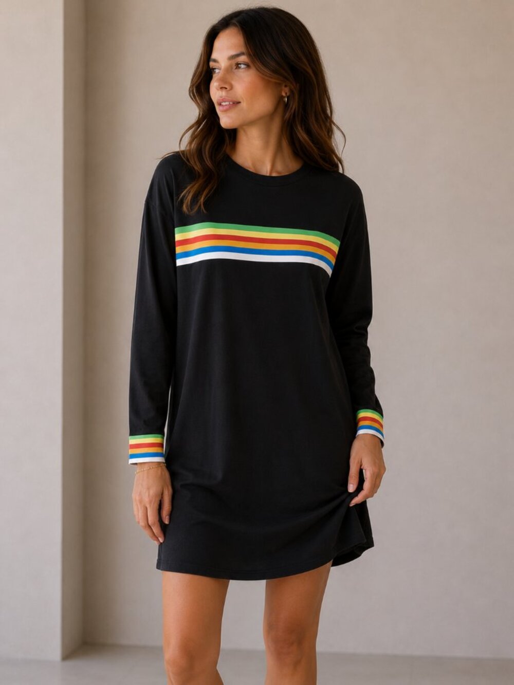 Noisy May Black Long Sleeve Tunic Dress Rainbow Stripe‎ Accents Casual Size M